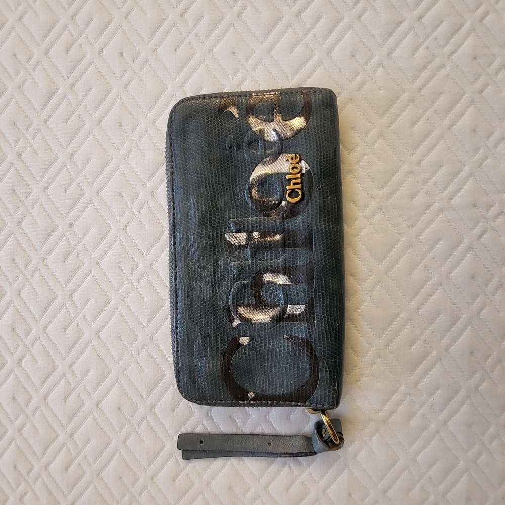 Chloe Blue and Gold Emblem Long Zippy Wallet